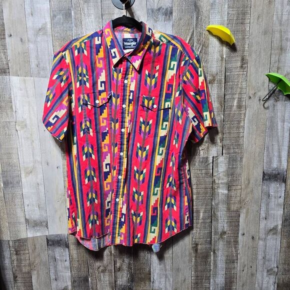 Wrangler Vintage 90s Red Southwestern Print Short Sleeve Western Shirt - Picture 1 of 5